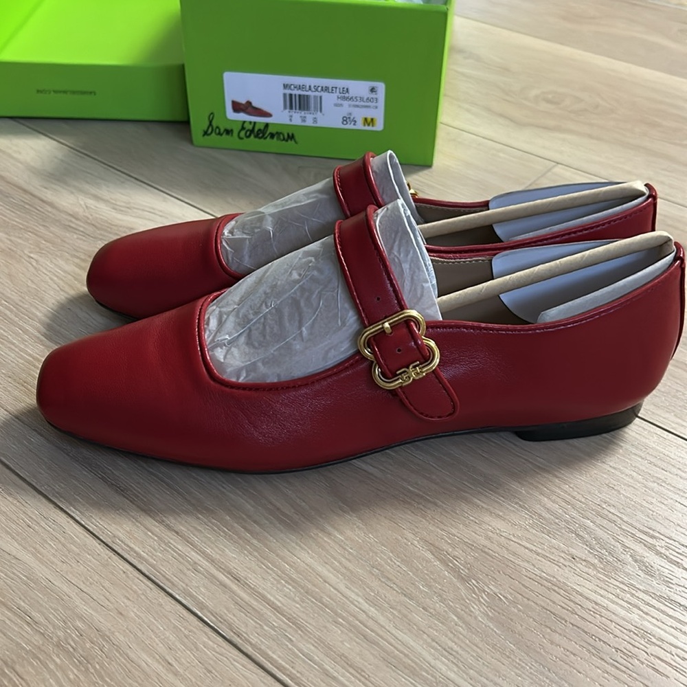Sam Edelman Red Mary Jane Flats with Gold Buckle - Picture 16 of 16